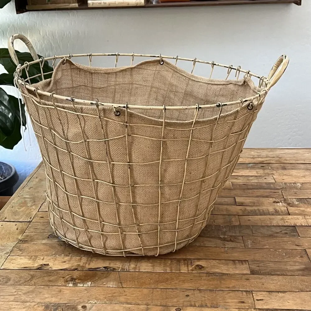 Rustic Farmhouse Wire Bushel Basket Burlap Liner
